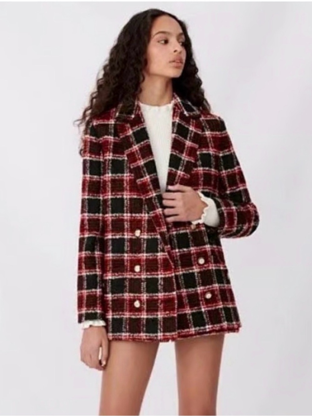 WORN ONCE  Maje Red and Black Plaid Double-Breasted Blazer with Gold Buttons